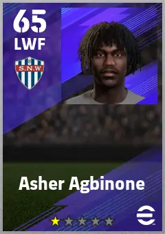 Asher Agbinone eFootball 2026 player card — 65 OVR LWF