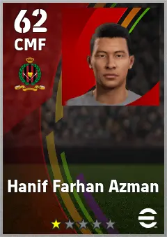 Hanif Farhan Azman eFootball 2026 player card — 62 OVR CMF