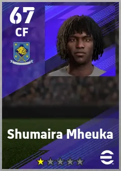 Shumaira Mheuka eFootball 2026 player card — 67 OVR CF