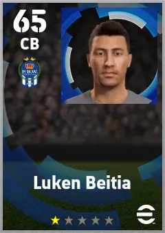 Luken Beitia eFootball 2026 player card — 65 OVR CB