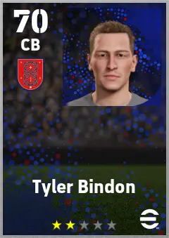 Tyler Bindon eFootball 2026 player card — 70 OVR CB