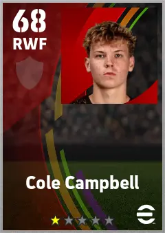 Cole Campbell eFootball 2026 player card — 68 OVR RWF