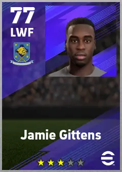 Jamie Gittens eFootball 2026 player card — 77 OVR LWF