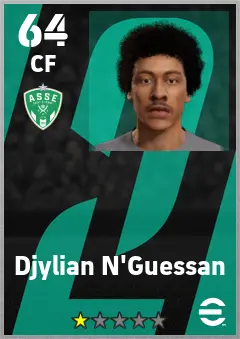 Djylian N Guessan eFootball 2026 player card — 64 OVR CF