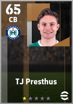 TJ Presthus eFootball 2026 player card — 65 OVR CB