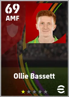 Ollie Bassett eFootball 2026 player card — 69 OVR AMF