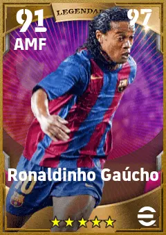 Ronaldinho Gaucho eFootball 2026 player card — 91 OVR AMF