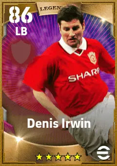 Denis Irwin eFootball 2026 player card — 86 OVR LB