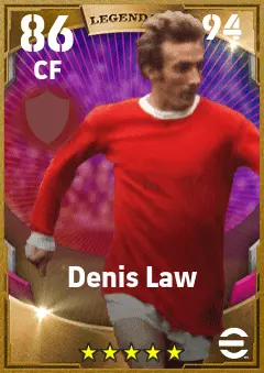 Denis Law eFootball 2026 player card — 86 OVR CF