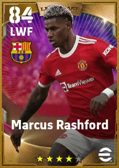 Marcus Rashford eFootball 2026 player card — 84 OVR LWF