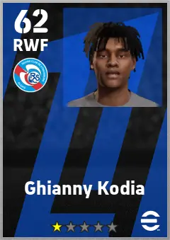 Ghianny Kodia eFootball 2026 player card — 62 OVR RWF