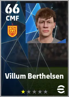 Villum Berthelsen eFootball 2026 player card — 66 OVR CMF