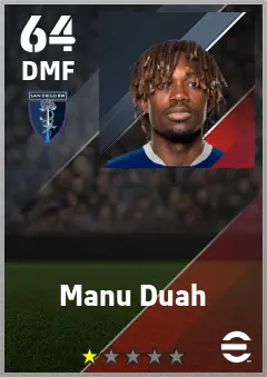 Manu Duah eFootball 2026 player card — 64 OVR DMF