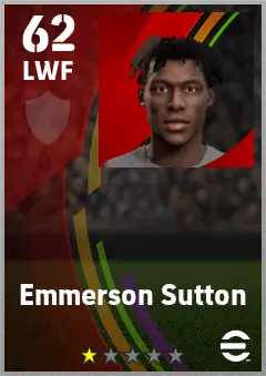Emmerson Sutton eFootball 2026 player card — 62 OVR LWF