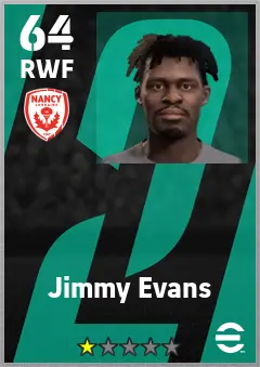 Jimmy Evans eFootball 2026 player card — 64 OVR RWF