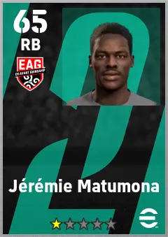 Jeremie Matumona eFootball 2026 player card — 65 OVR RB