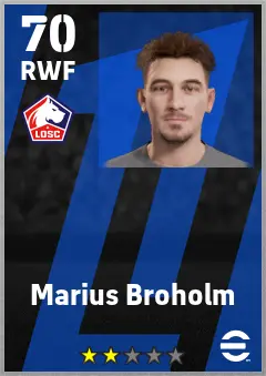 Marius Broholm eFootball 2026 player card — 70 OVR RWF