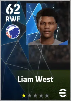 Liam West eFootball 2026 player card — 62 OVR RWF