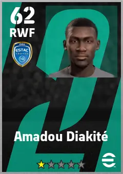 Amadou Diakite eFootball 2026 player card — 62 OVR RWF
