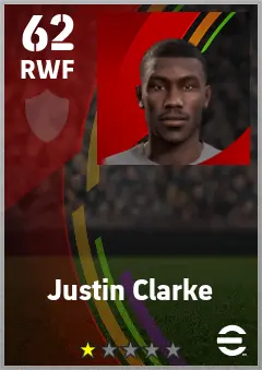 Justin Clarke eFootball 2026 player card — 62 OVR RWF