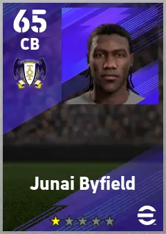 Junai Byfield eFootball 2026 player card — 65 OVR CB