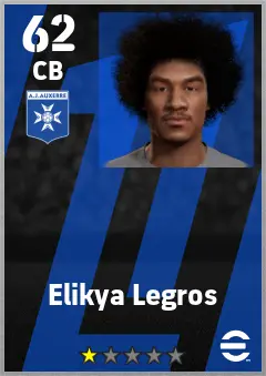 Elikya Legros eFootball 2026 player card — 62 OVR CB