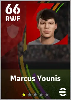 Marcus Younis eFootball 2026 player card — 66 OVR RWF