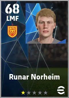 Runar Norheim eFootball 2026 player card — 68 OVR LMF
