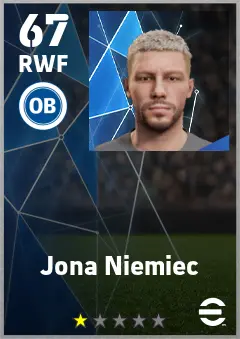Jona Niemiec eFootball 2026 player card — 67 OVR RWF