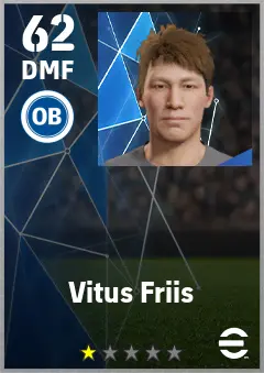 Vitus Friis eFootball 2026 player card — 62 OVR DMF