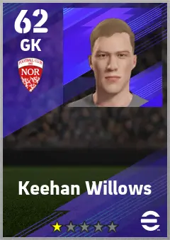 Keehan Willows eFootball 2026 player card — 62 OVR GK