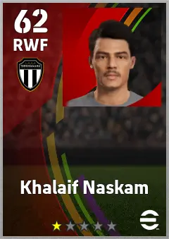 Khalaif Naskam eFootball 2026 player card — 62 OVR RWF