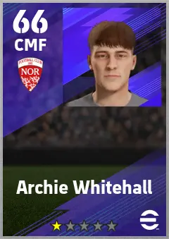 Archie Whitehall eFootball 2026 player card — 66 OVR CMF