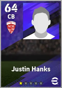 Justin Hanks eFootball 2026 player card — 64 OVR CB