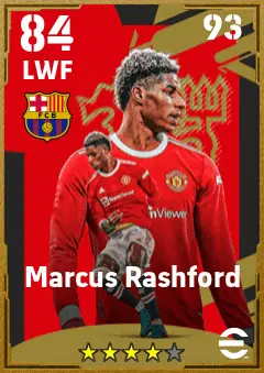 Marcus Rashford eFootball 2026 player card — 84 OVR LWF