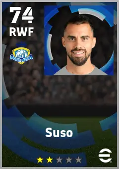 Suso eFootball 2026 player card — 74 OVR RWF