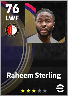 Raheem Sterling eFootball 2026 player card — 76 OVR LWF