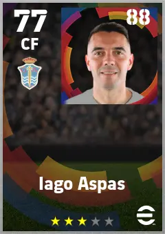 Iago Aspas eFootball 2026 player card — 77 OVR CF