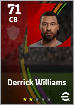 Derrick Williams eFootball 2026 player card — 71 OVR CB