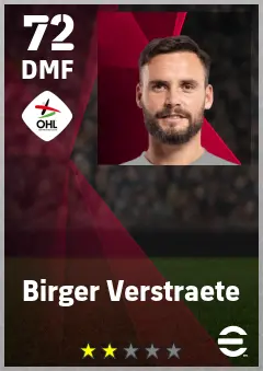Birger Verstraete eFootball 2026 player card — 72 OVR DMF
