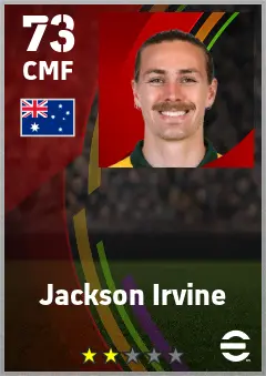 Jackson Irvine eFootball 2026 player card — 73 OVR CMF