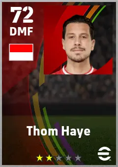 Thom Haye eFootball 2026 player card — 72 OVR DMF