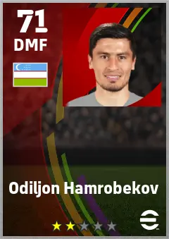 Odiljon Hamrobekov eFootball 2026 player card — 71 OVR DMF
