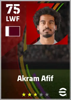 Akram Afif eFootball 2026 player card — 75 OVR LWF