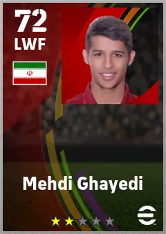 Mehdi Ghayedi eFootball 2026 player card — 72 OVR LWF