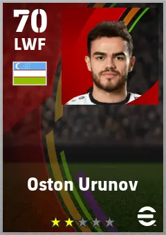 Oston Urunov eFootball 2026 player card — 70 OVR LWF