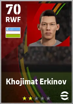 Khojimat Erkinov eFootball 2026 player card — 70 OVR RWF