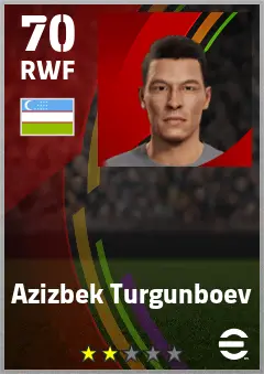 Azizbek Turgunboev eFootball 2026 player card — 70 OVR RWF