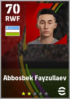 Abbosbek Fayzullaev eFootball 2026 player card — 70 OVR RWF