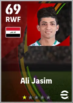 Ali Jasim eFootball 2026 player card — 69 OVR RWF